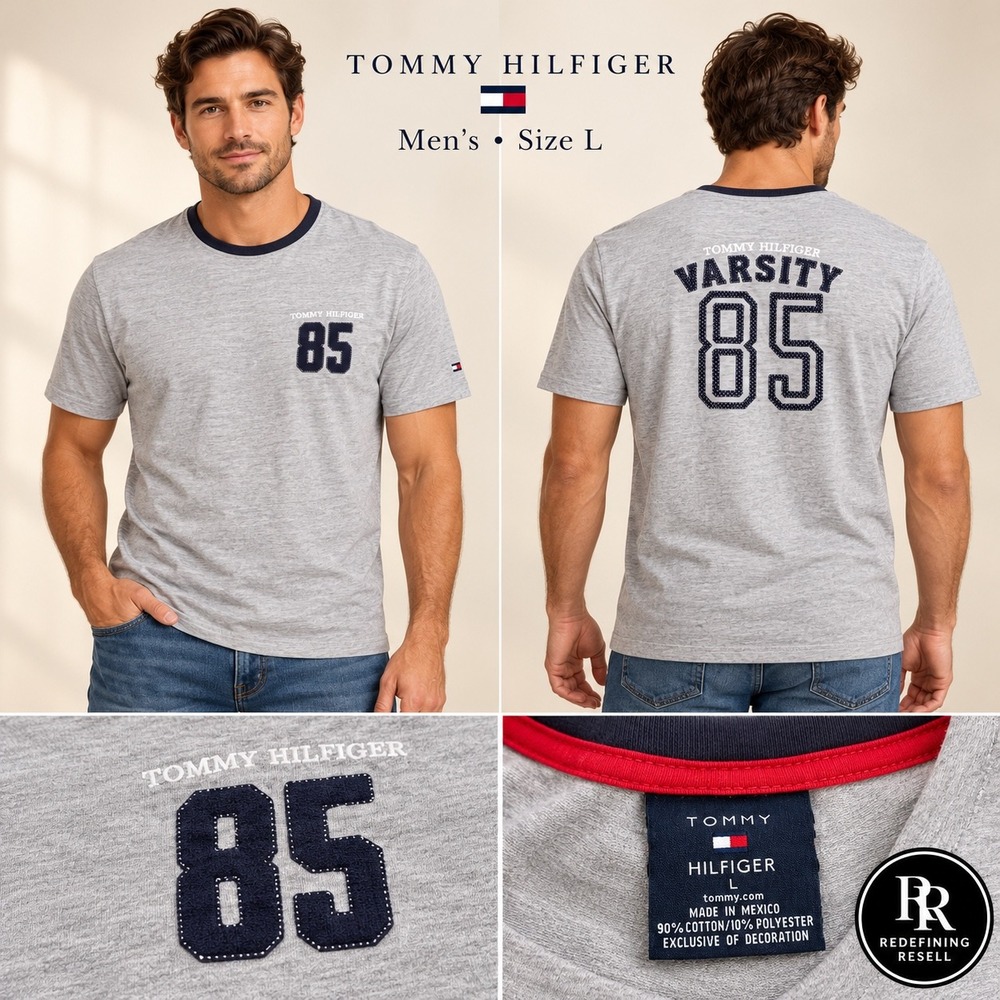 Tommy Hilfiger Mens Gray Varsity 85 Graphic Ringer T-Shirt Size L